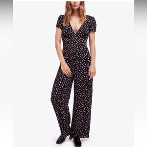 Free People Mia Black & Pink Rose Jumpsuit